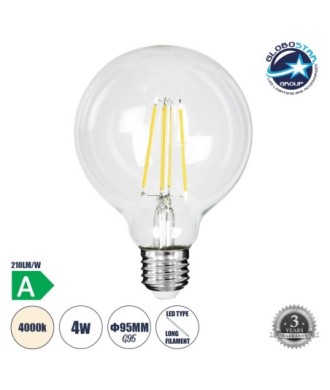 GLOBOSTAR® BUBBLE 99092 Λάμπα E27 G95 LED 4W 840lm 360° AC 220-240V IP20 Φυσικό Λευκό 4500K - Filament Chip - Διάφανο - Μ9.5 x Π9.5 x Υ13.8cm - 3 Χρόνια Εγγύηση